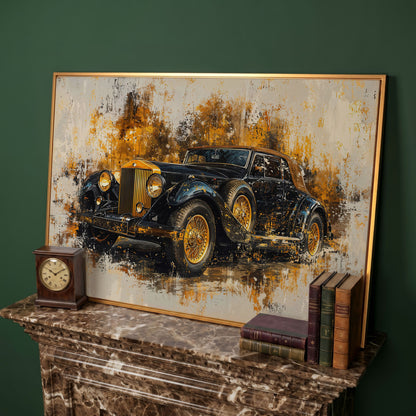 Vintage Car Canvas Print with Gold & Black Retro Design in antique gold floating frame