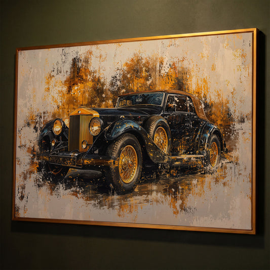 Vintage Car Canvas Print with Gold & Black Retro Design shown in antique gold floating frame