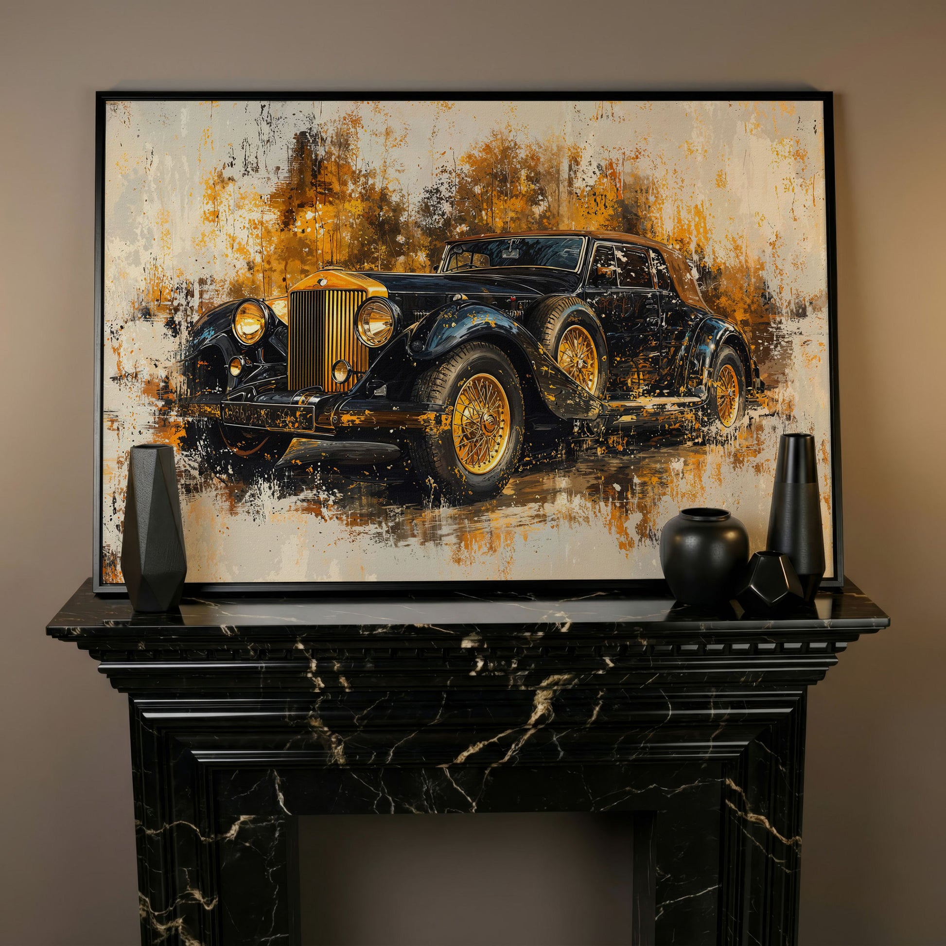 Vintage Car Canvas Print with Gold & Black Retro Design in black floating frame