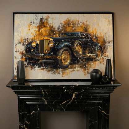 Vintage Car Canvas Print with Gold & Black Retro Design in black floating frame