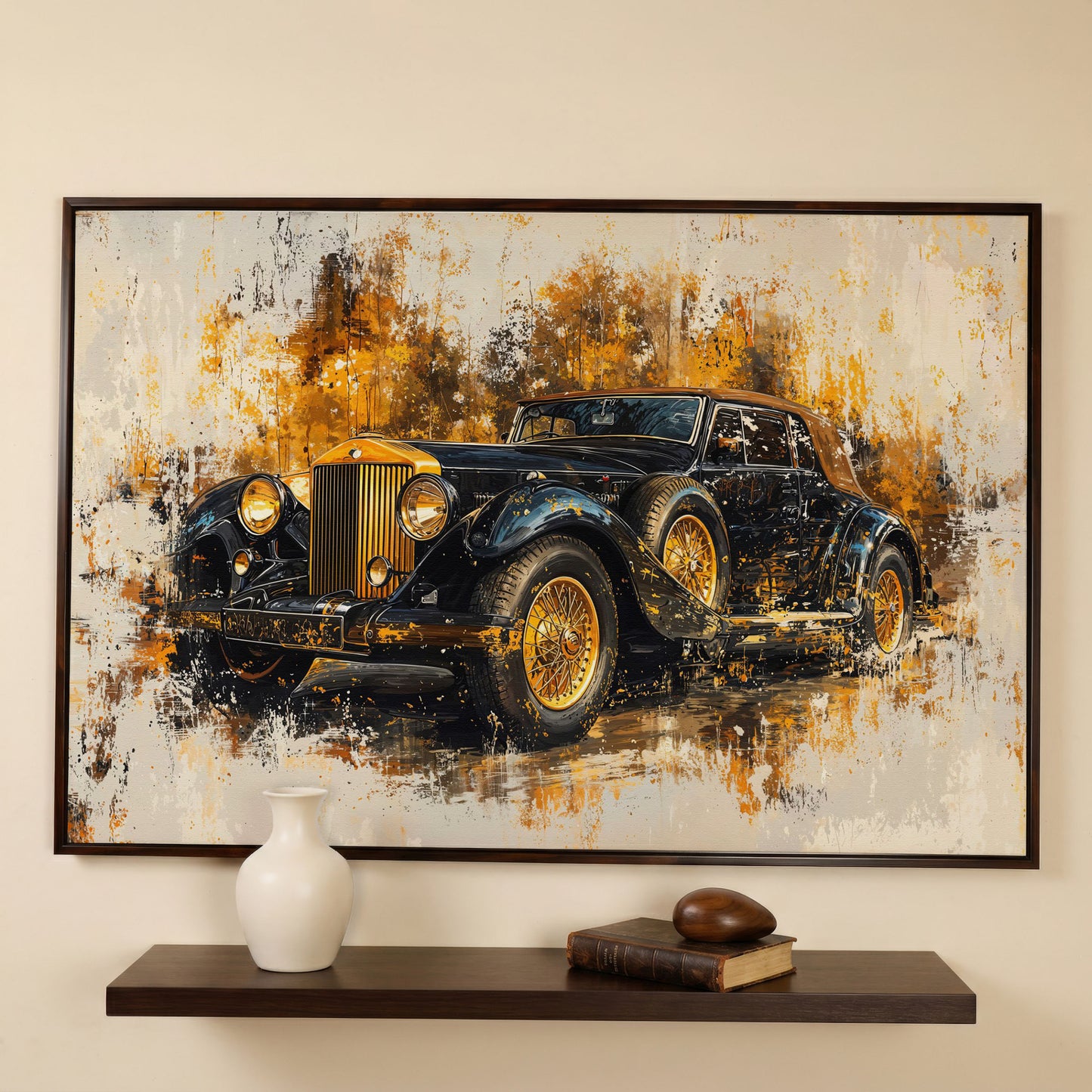 Vintage Car Canvas Print with Gold & Black Retro Design in dark walnut floating frame