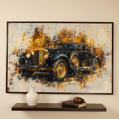Vintage Car Canvas Print with Gold & Black Retro Design in dark walnut floating frame