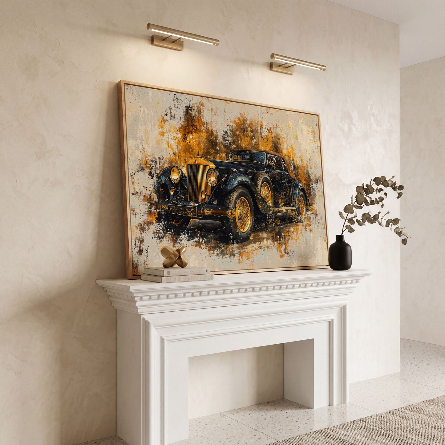 Vintage Car Canvas Print with Gold & Black Retro Design in white oak floating frame