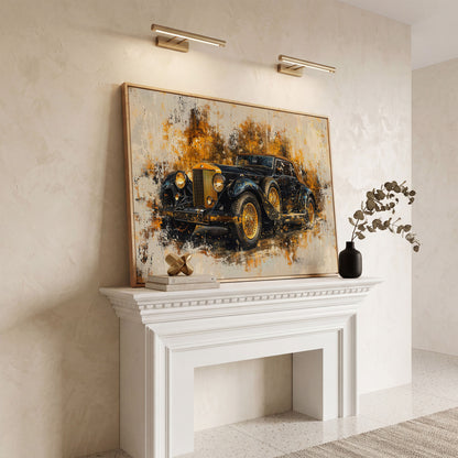 Vintage Car Canvas Print with Gold & Black Retro Design in white oak floating frame