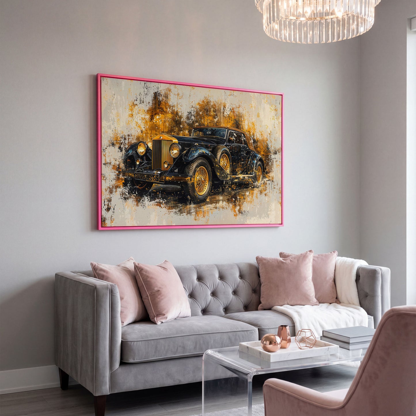 Vintage Car Canvas Print with Gold & Black Retro Design in pink floating frame