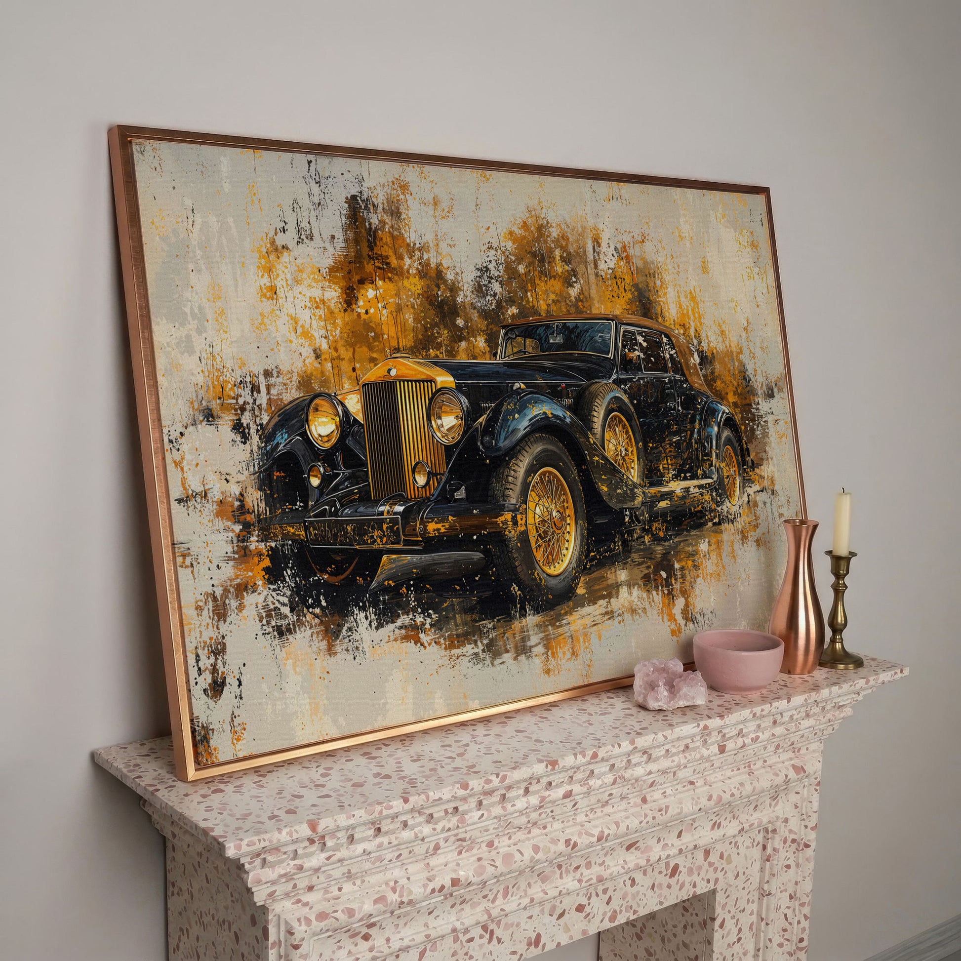 Vintage Car Canvas Print with Gold & Black Retro Design in rose gold floating frame