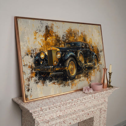 Vintage Car Canvas Print with Gold & Black Retro Design in rose gold floating frame