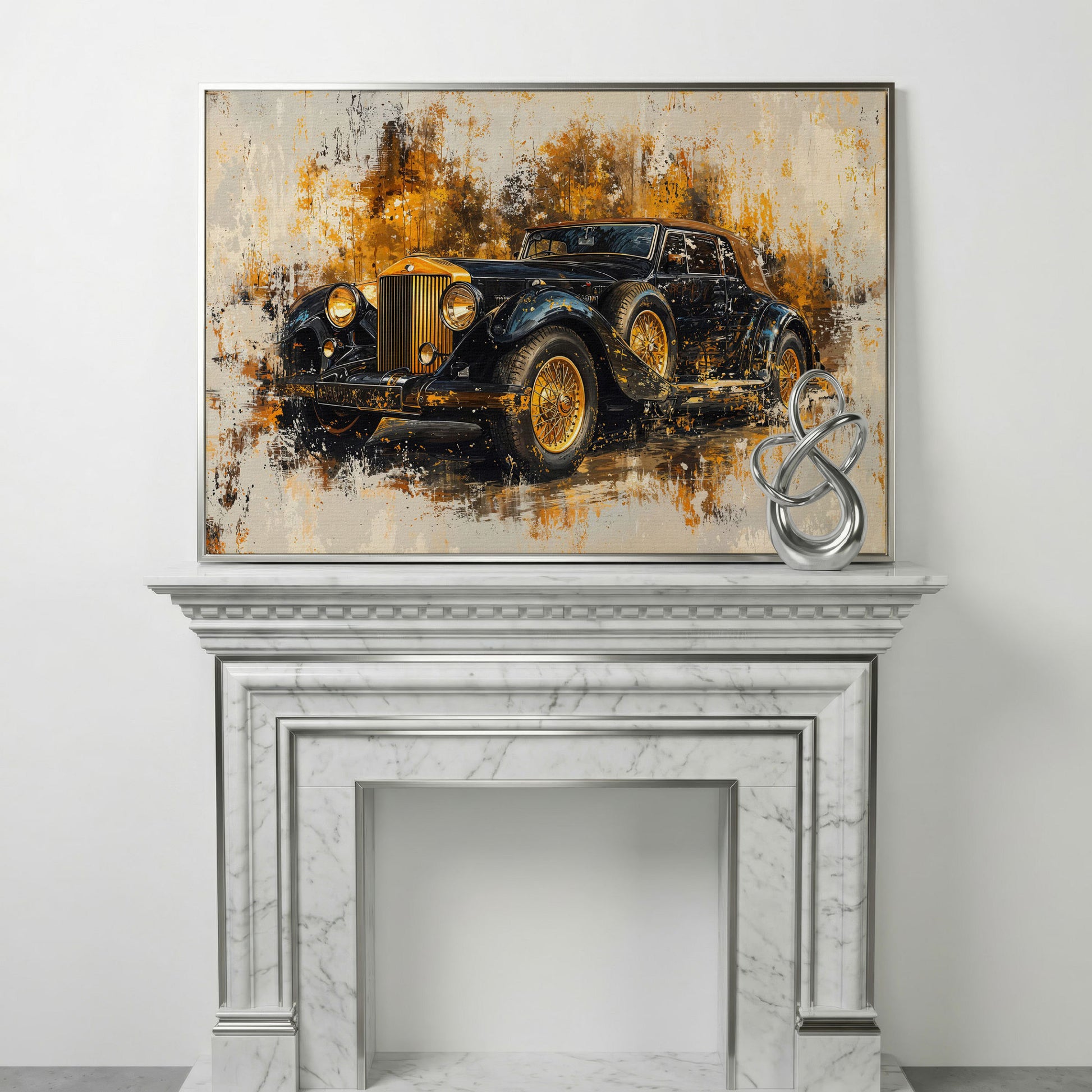 Vintage Car Canvas Print with Gold & Black Retro Design in silver floating frame