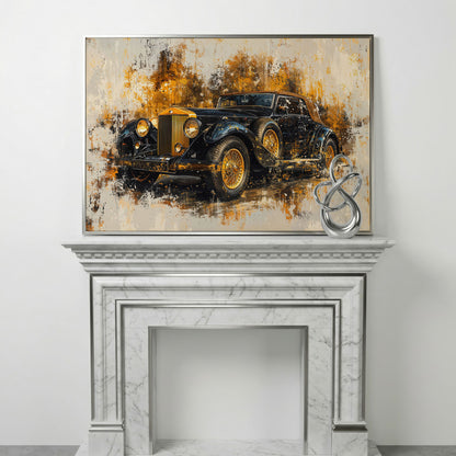 Vintage Car Canvas Print with Gold & Black Retro Design in silver floating frame
