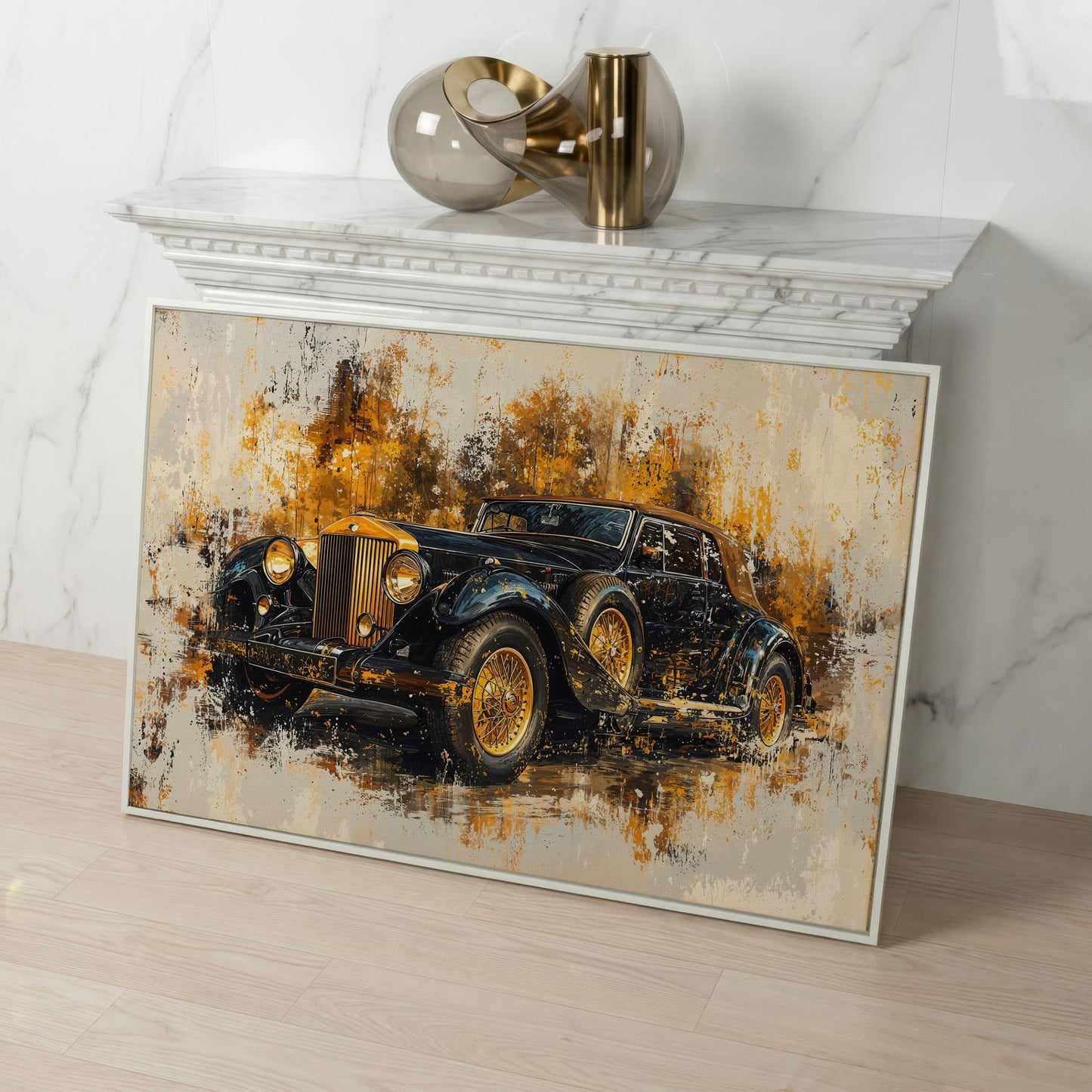 Vintage Car Canvas Print with Gold & Black Retro Design in white floating frame