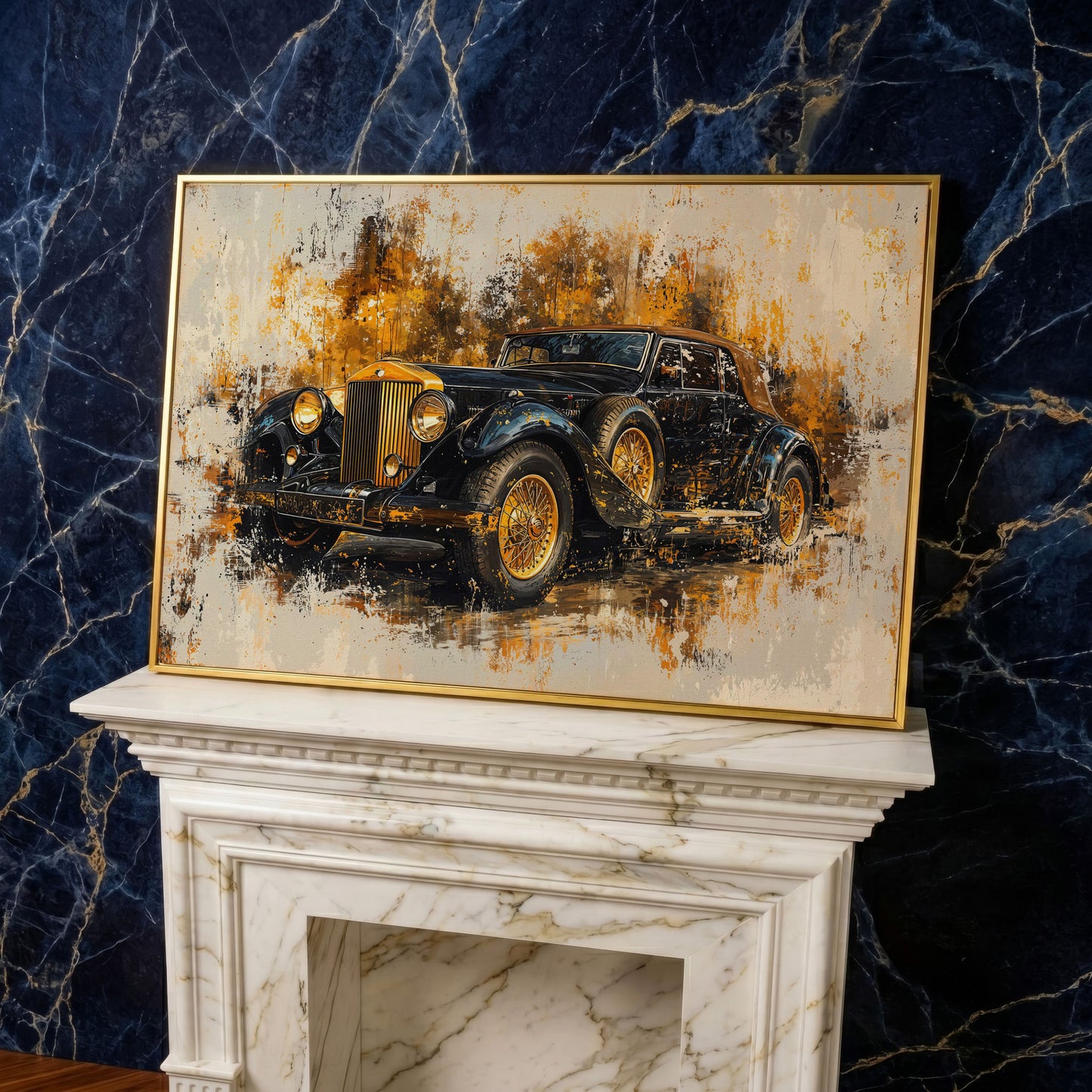 Vintage Car Canvas Print with Gold & Black Retro Design in yellow gold floating frame