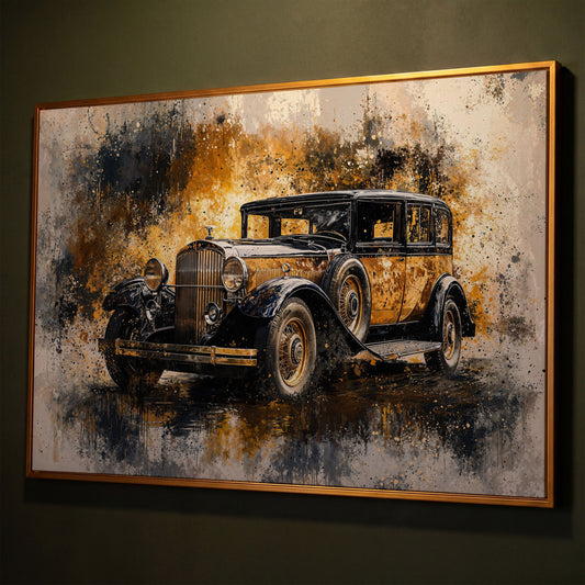 Vintage Car in Gold and Charcoal Canvas Print shown in antique gold floating frame