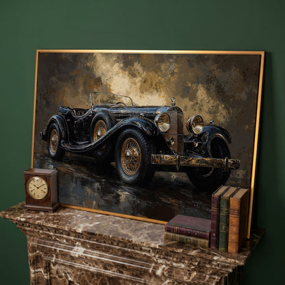 Vintage Black Convertible Canvas Print in antique gold floating frame