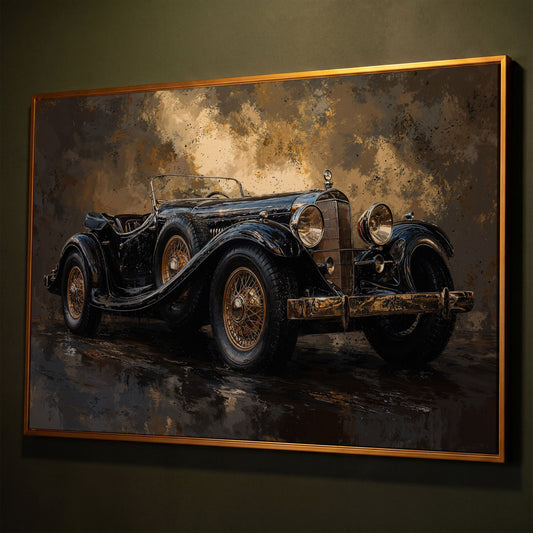 Vintage Black Convertible Canvas Print shown in antique gold floating frame