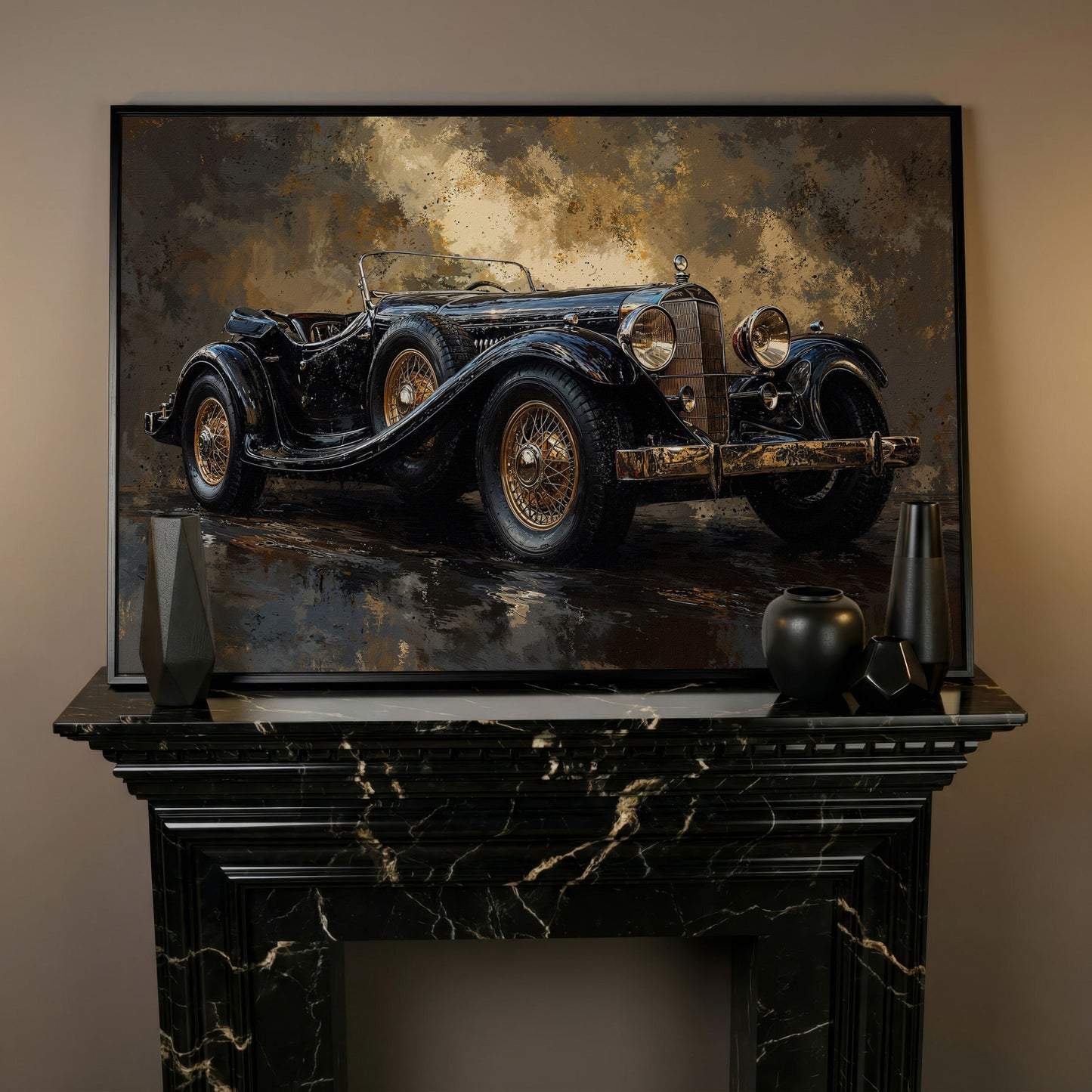 Vintage Black Convertible Canvas Print in black floating frame