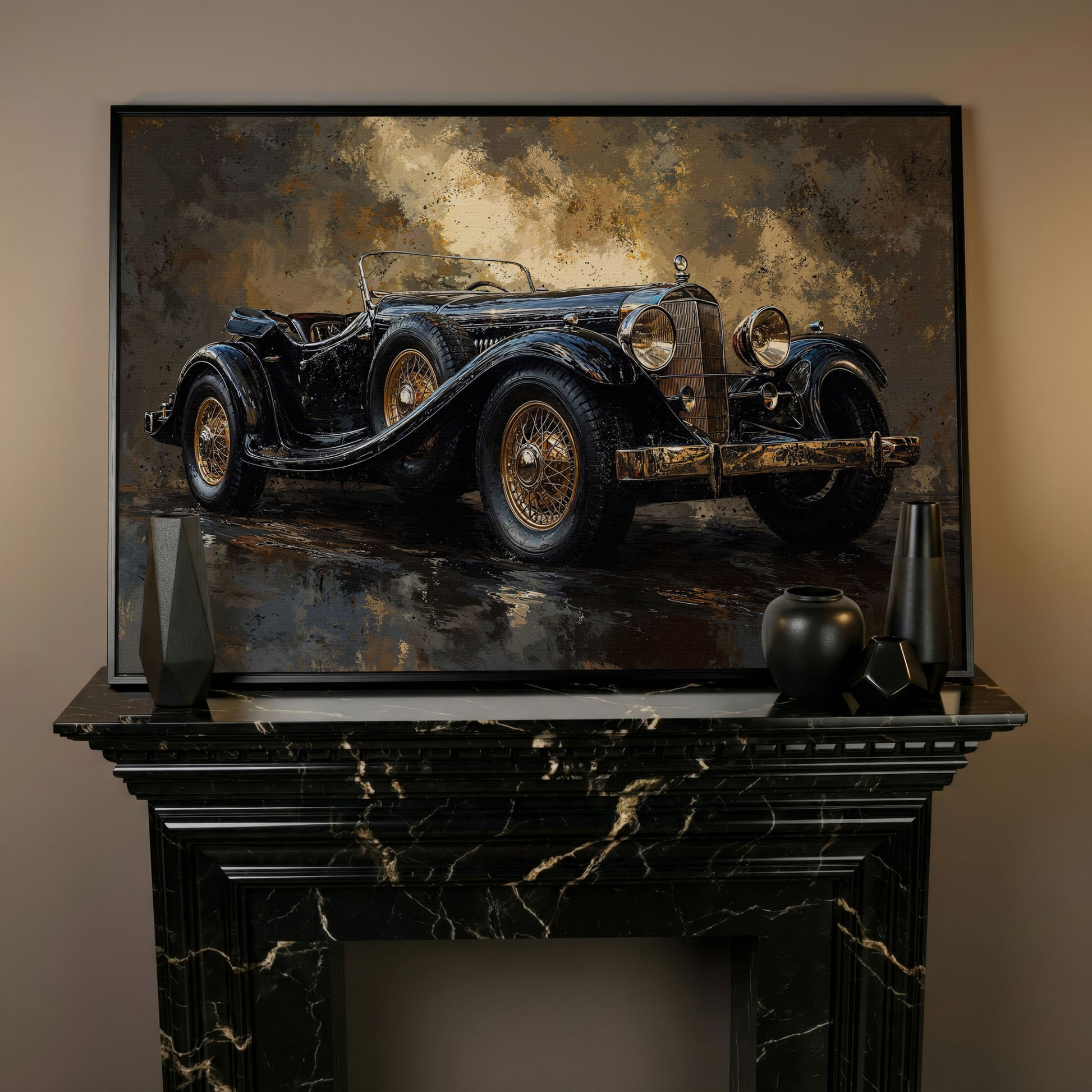 Vintage Black Convertible Canvas Print in black floating frame