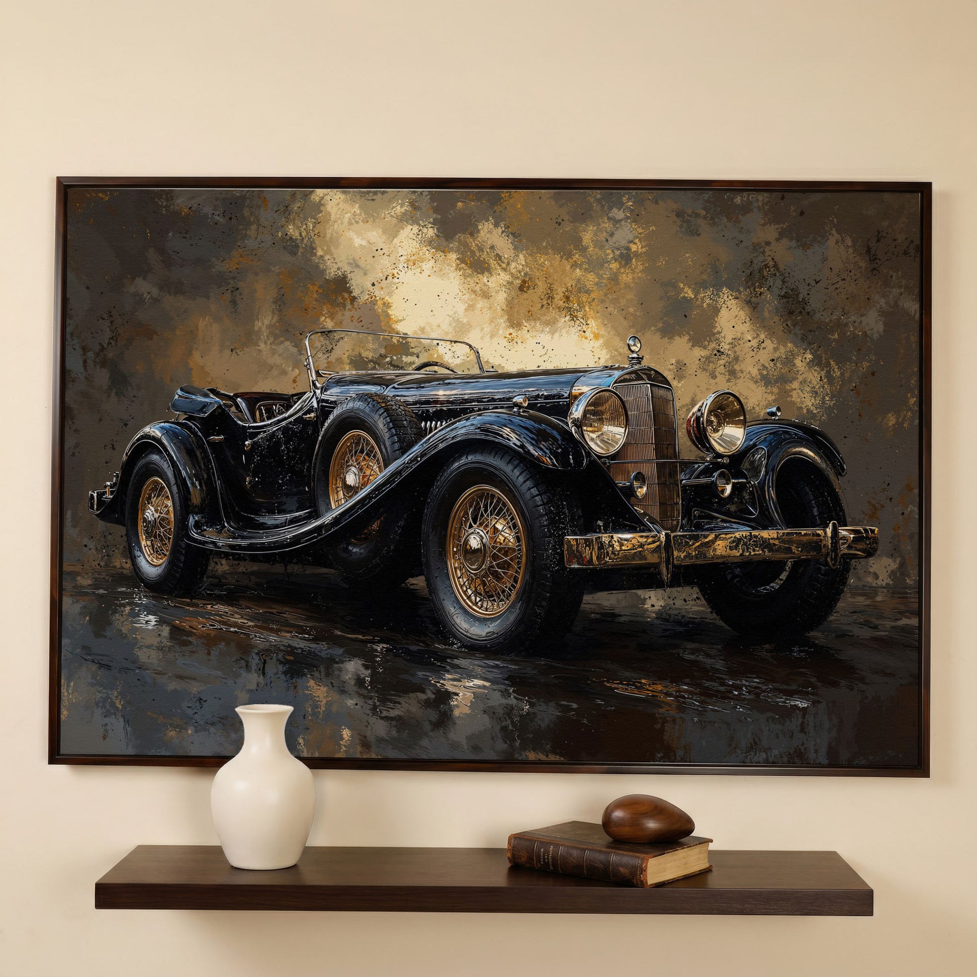Vintage Black Convertible Canvas Print in dark walnut floating frame