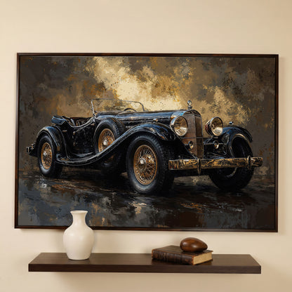 Vintage Black Convertible Canvas Print in dark walnut floating frame