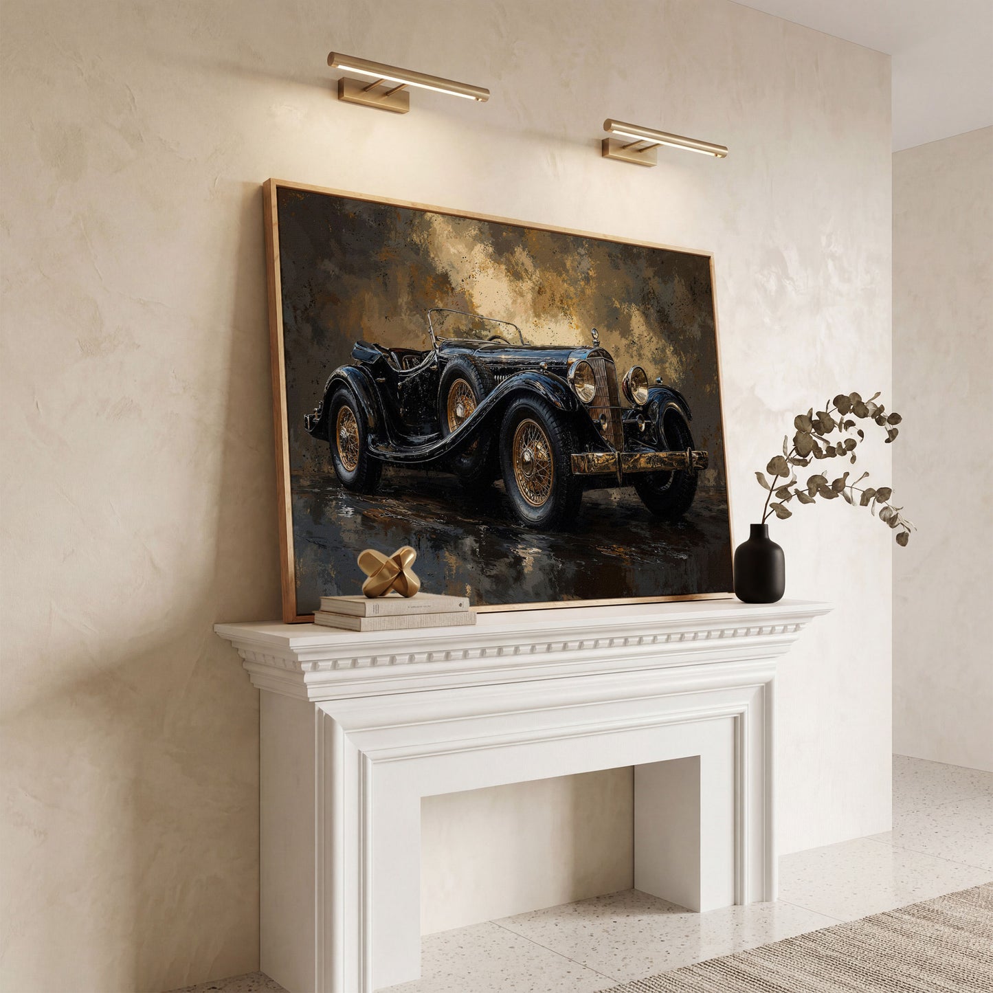 Vintage Black Convertible Canvas Print in white oak floating frame