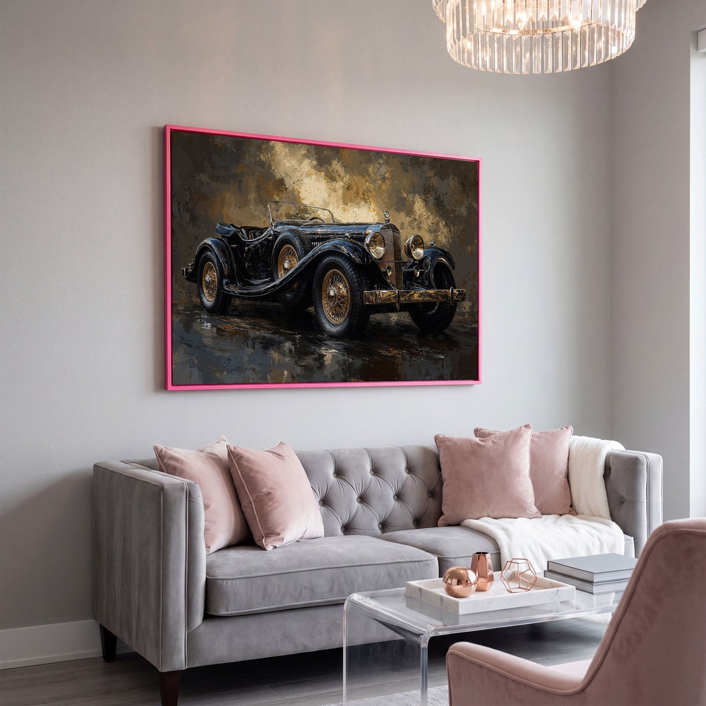 Vintage Black Convertible Canvas Print in pink floating frame