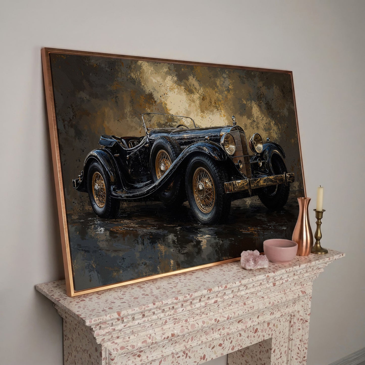 Vintage Black Convertible Canvas Print in rose gold floating frame