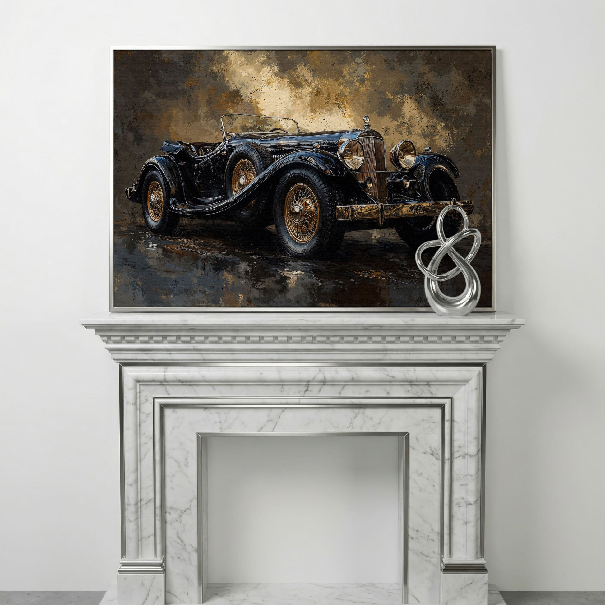 Vintage Black Convertible Canvas Print in silver floating frame