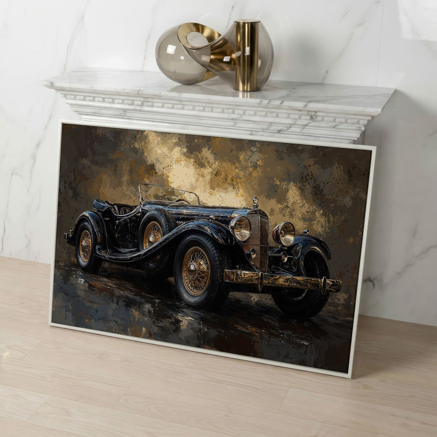 Vintage Black Convertible Canvas Print in white floating frame
