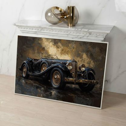 Vintage Black Convertible Canvas Print in white floating frame