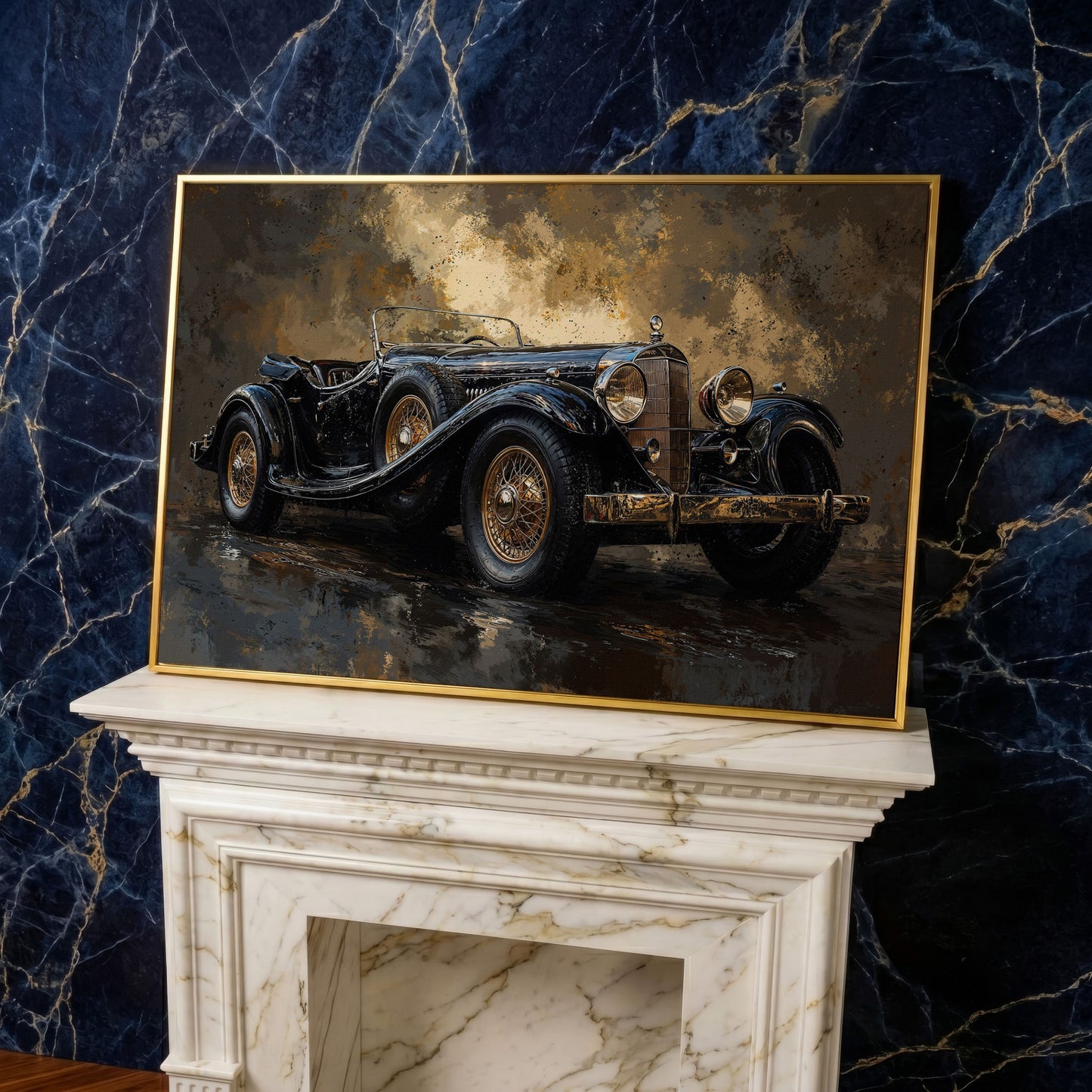 Vintage Black Convertible Canvas Print in yellow gold floating frame