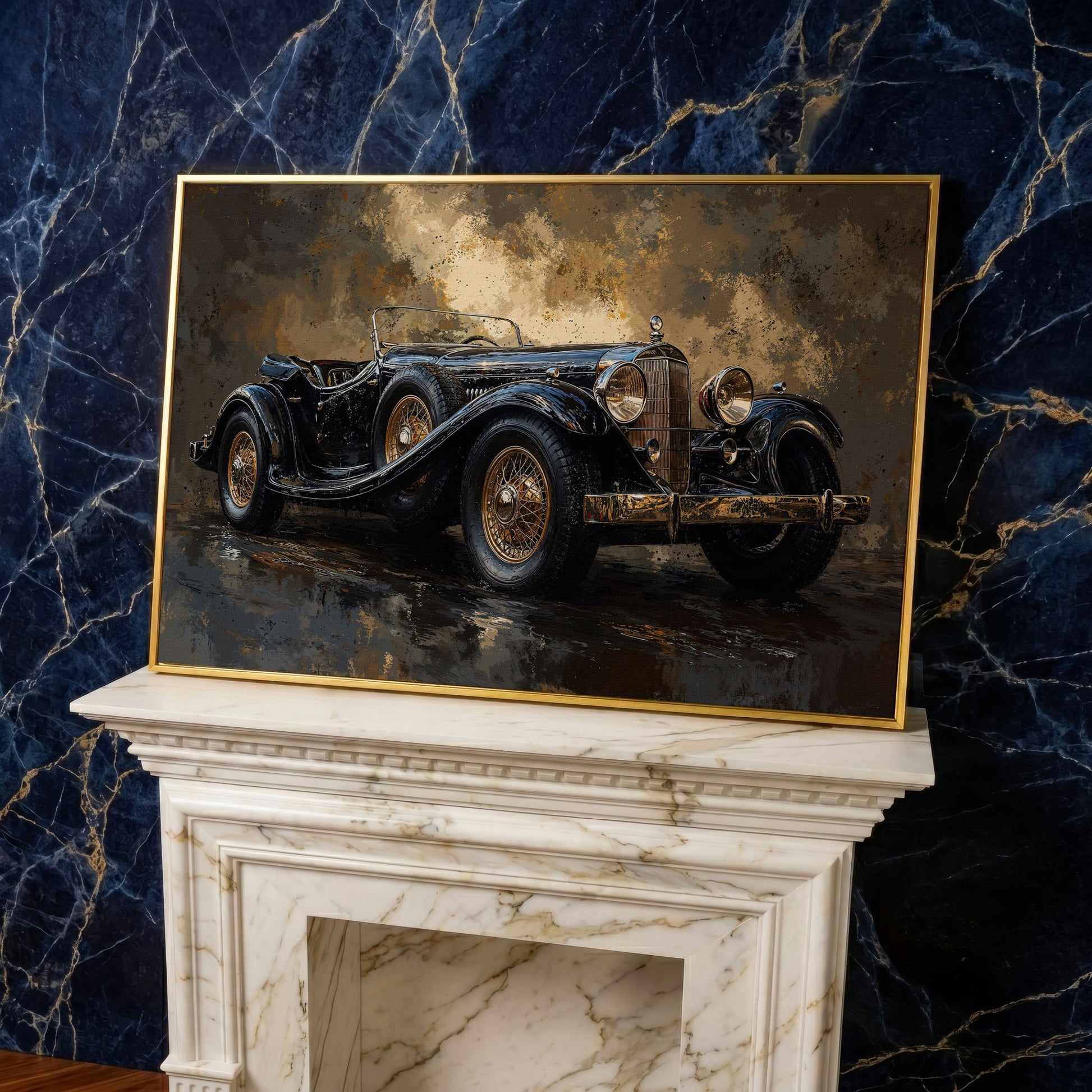 Vintage Black Convertible Canvas Print in yellow gold floating frame