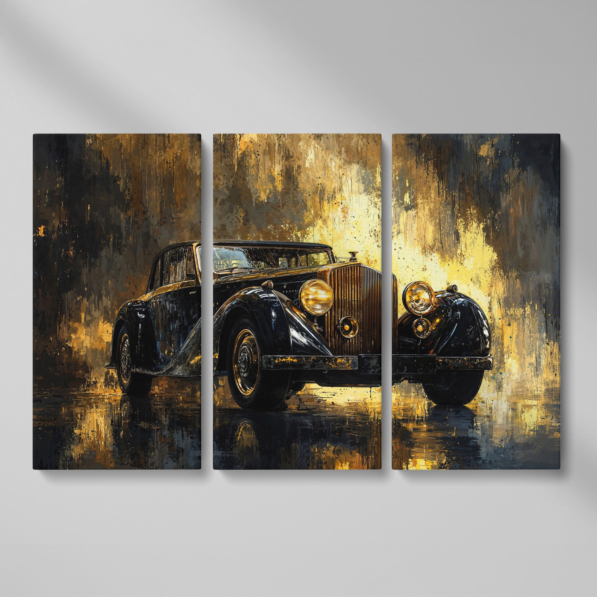 Vintage Luxury Car Canvas Print with Gold Accents as 3-panel split version