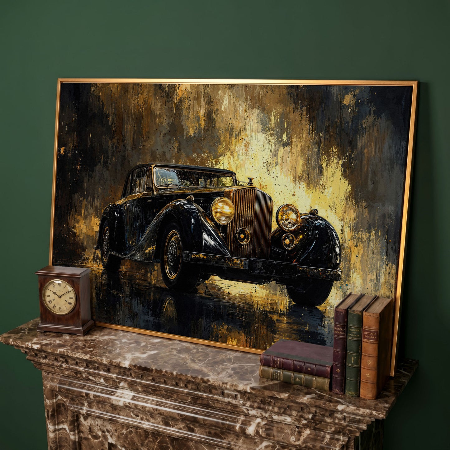 Vintage Luxury Car Canvas Print with Gold Accents in antique gold floating frame