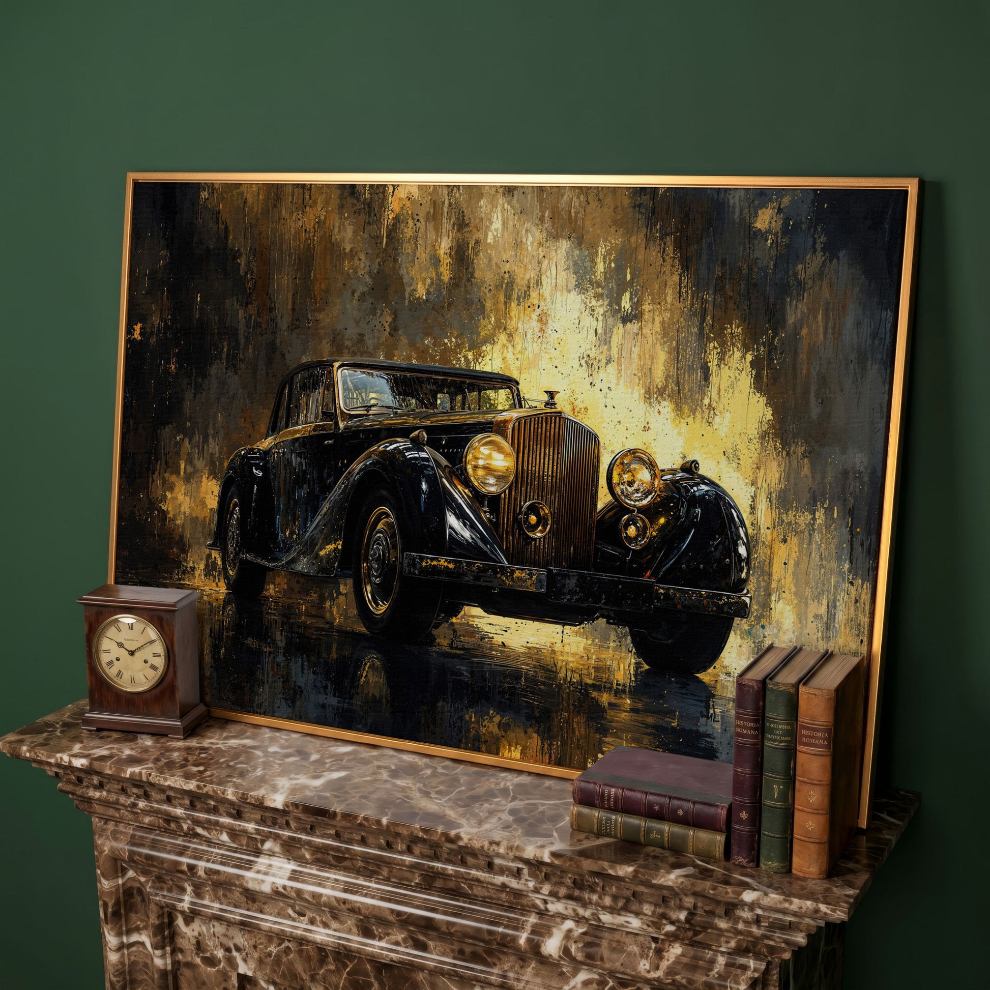 Vintage Luxury Car Canvas Print with Gold Accents in antique gold floating frame