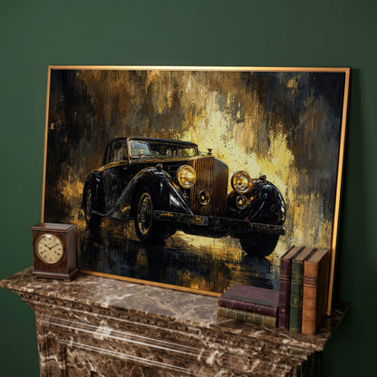 Vintage Luxury Car Canvas Print with Gold Accents in antique gold floating frame