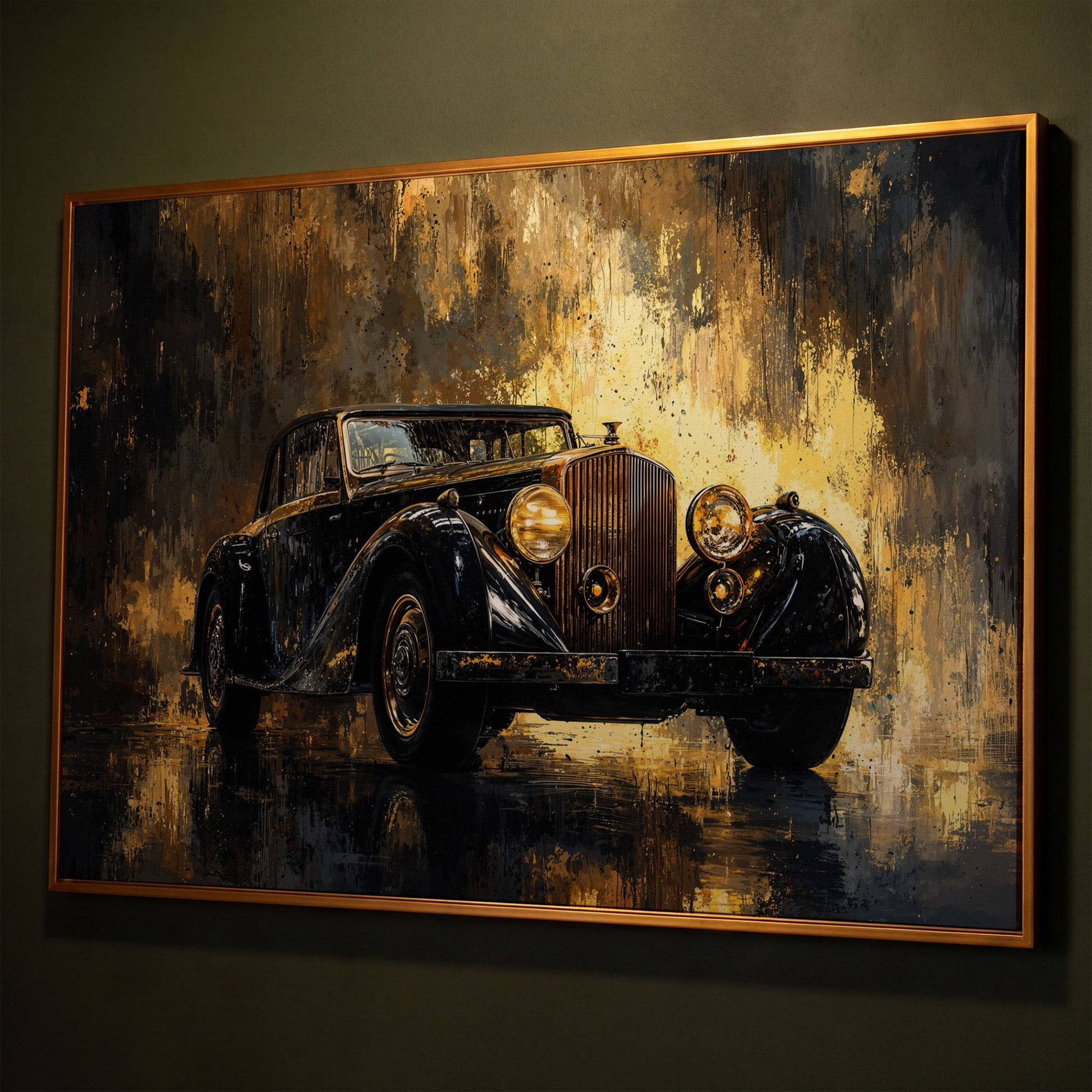 Vintage Luxury Car Canvas Print with Gold Accents shown in antique gold floating frame