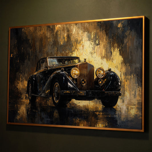 Vintage Luxury Car Canvas Print with Gold Accents shown in antique gold floating frame