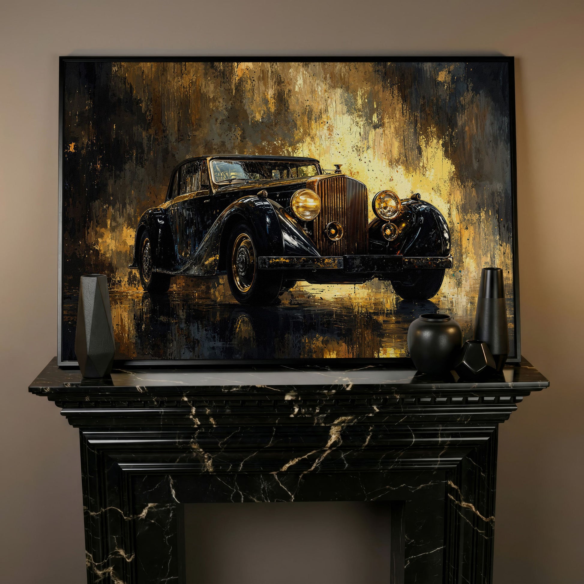 Vintage Luxury Car Canvas Print with Gold Accents in black floating frame