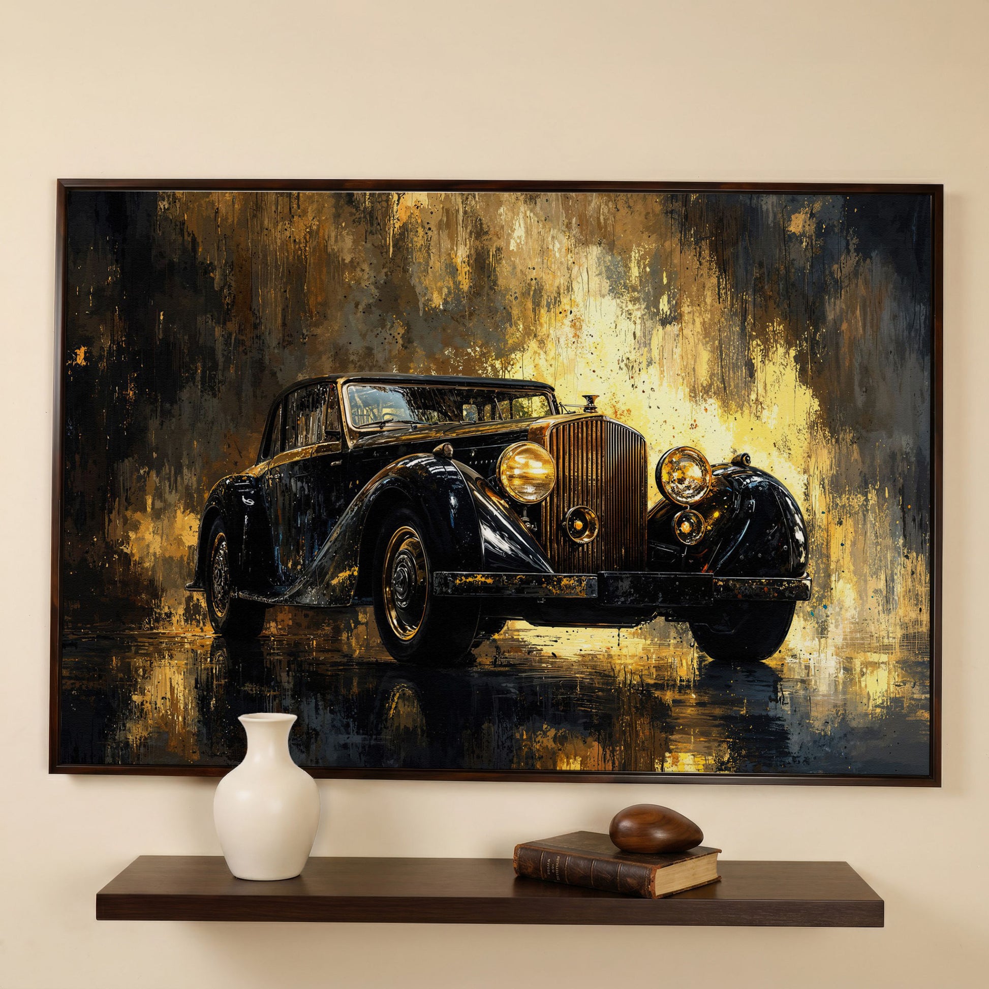 Vintage Luxury Car Canvas Print with Gold Accents in dark walnut floating frame