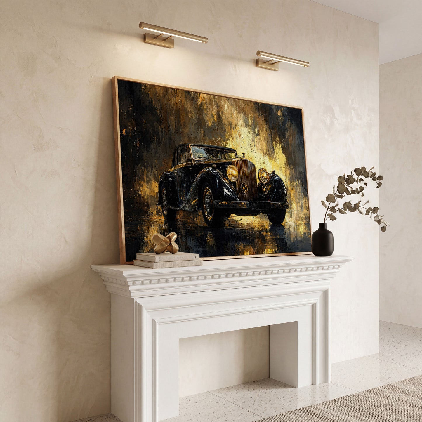 Vintage Luxury Car Canvas Print with Gold Accents in white oak floating frame