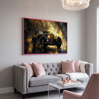 Vintage Luxury Car Canvas Print with Gold Accents in pink floating frame