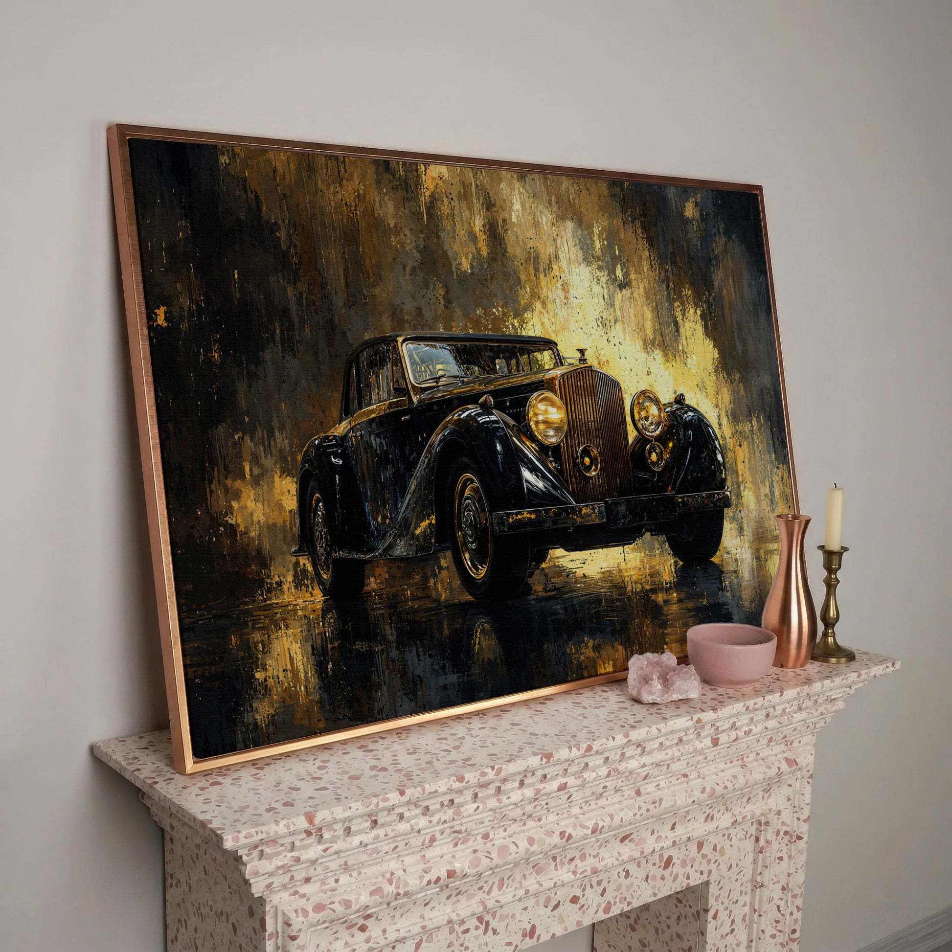 Vintage Luxury Car Canvas Print with Gold Accents in rose gold floating frame