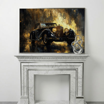 Vintage Luxury Car Canvas Print with Gold Accents in silver floating frame