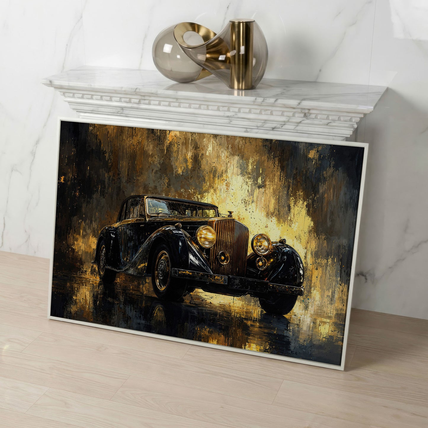 Vintage Luxury Car Canvas Print with Gold Accents in white floating frame