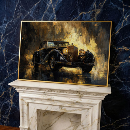 Vintage Luxury Car Canvas Print with Gold Accents in yellow gold floating frame