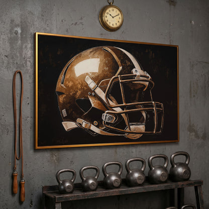 Football Helmet Motivational Canvas Print in antique gold floating frame
