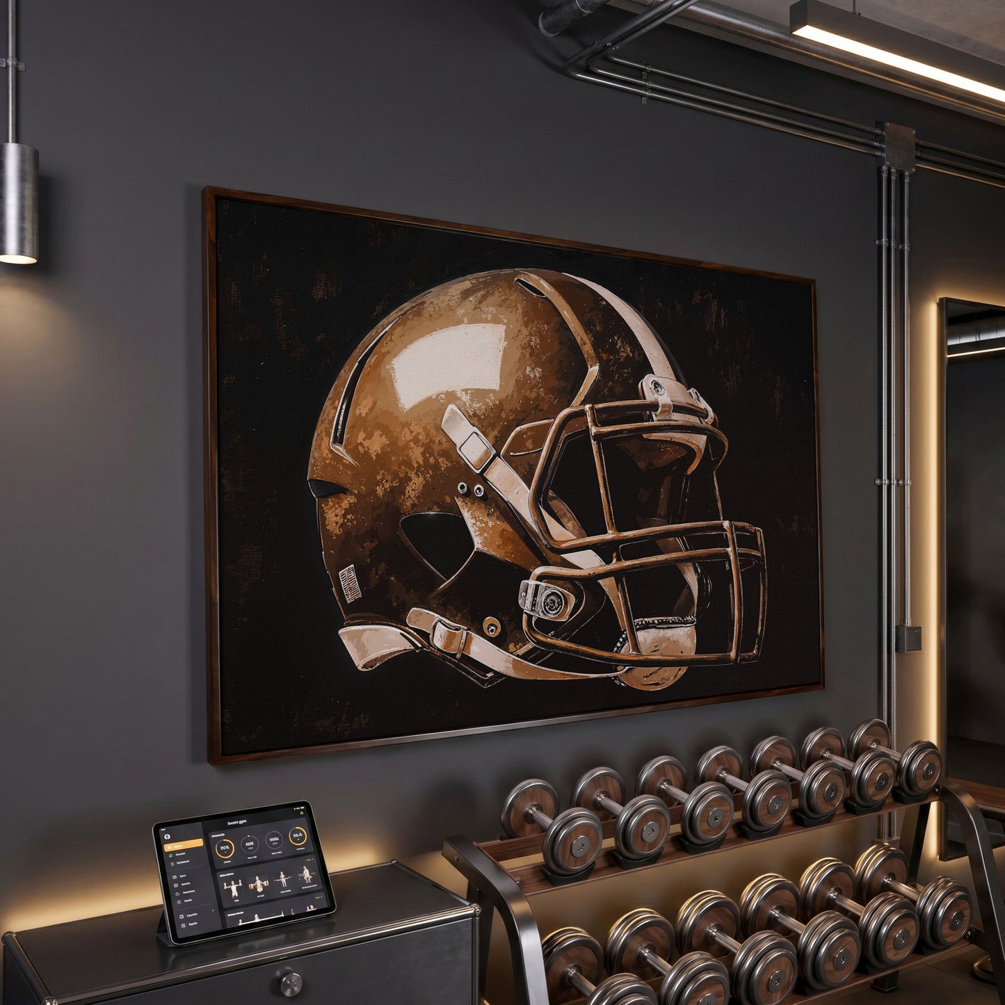 Football Helmet Motivational Canvas Print in dark walnut floating frame