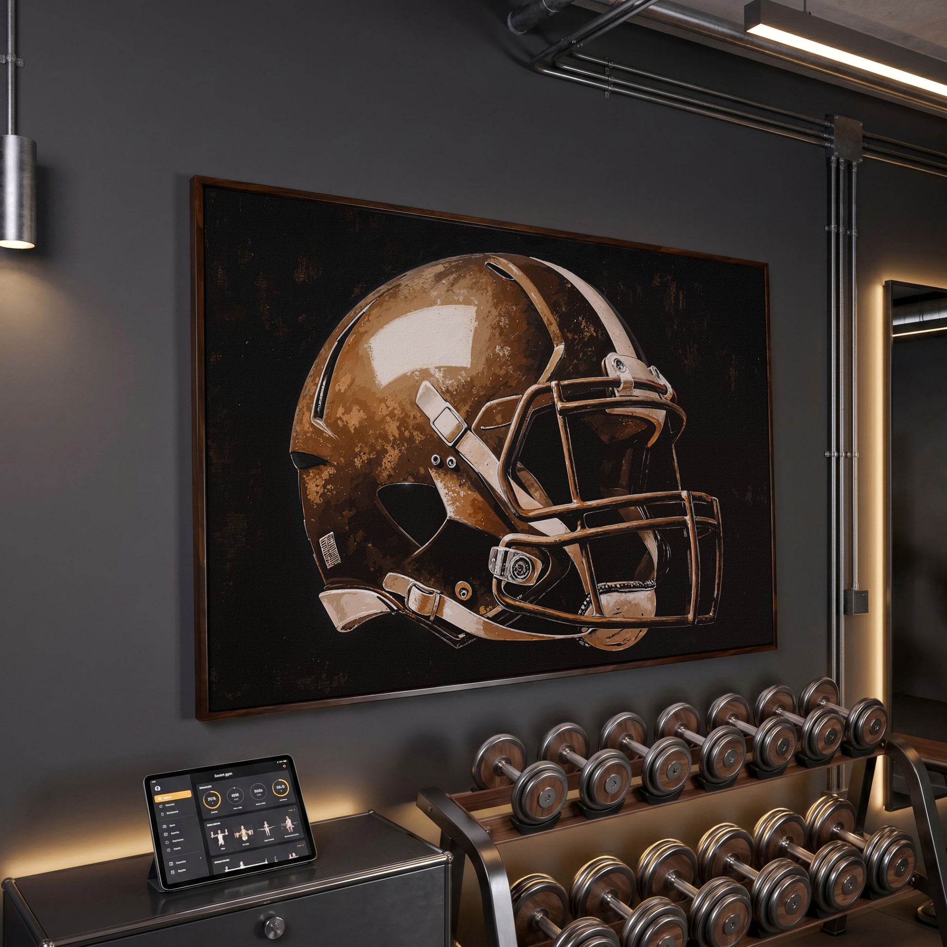 Football Helmet Motivational Canvas Print in dark walnut floating frame