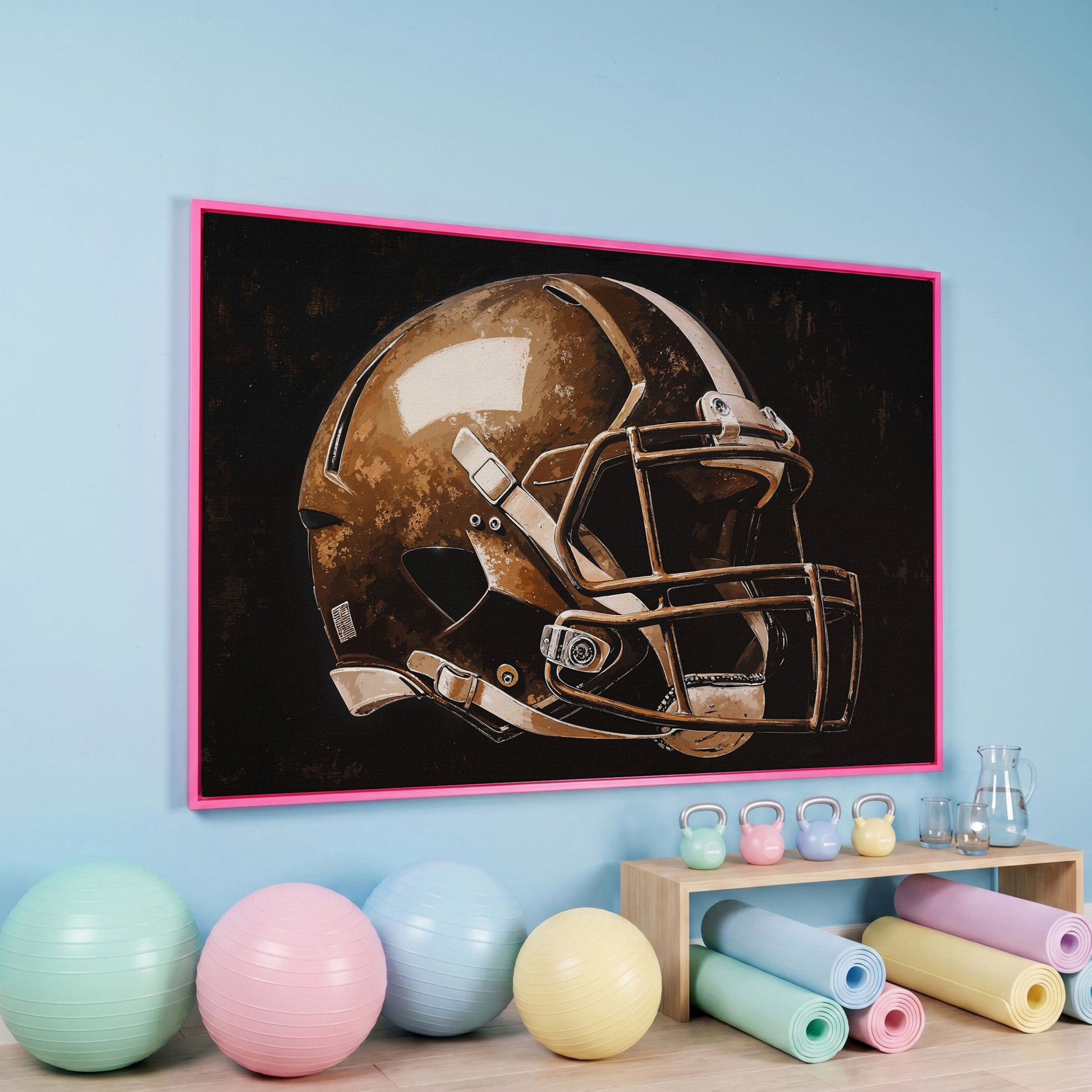 Football Helmet Motivational Canvas Print in pink floating frame
