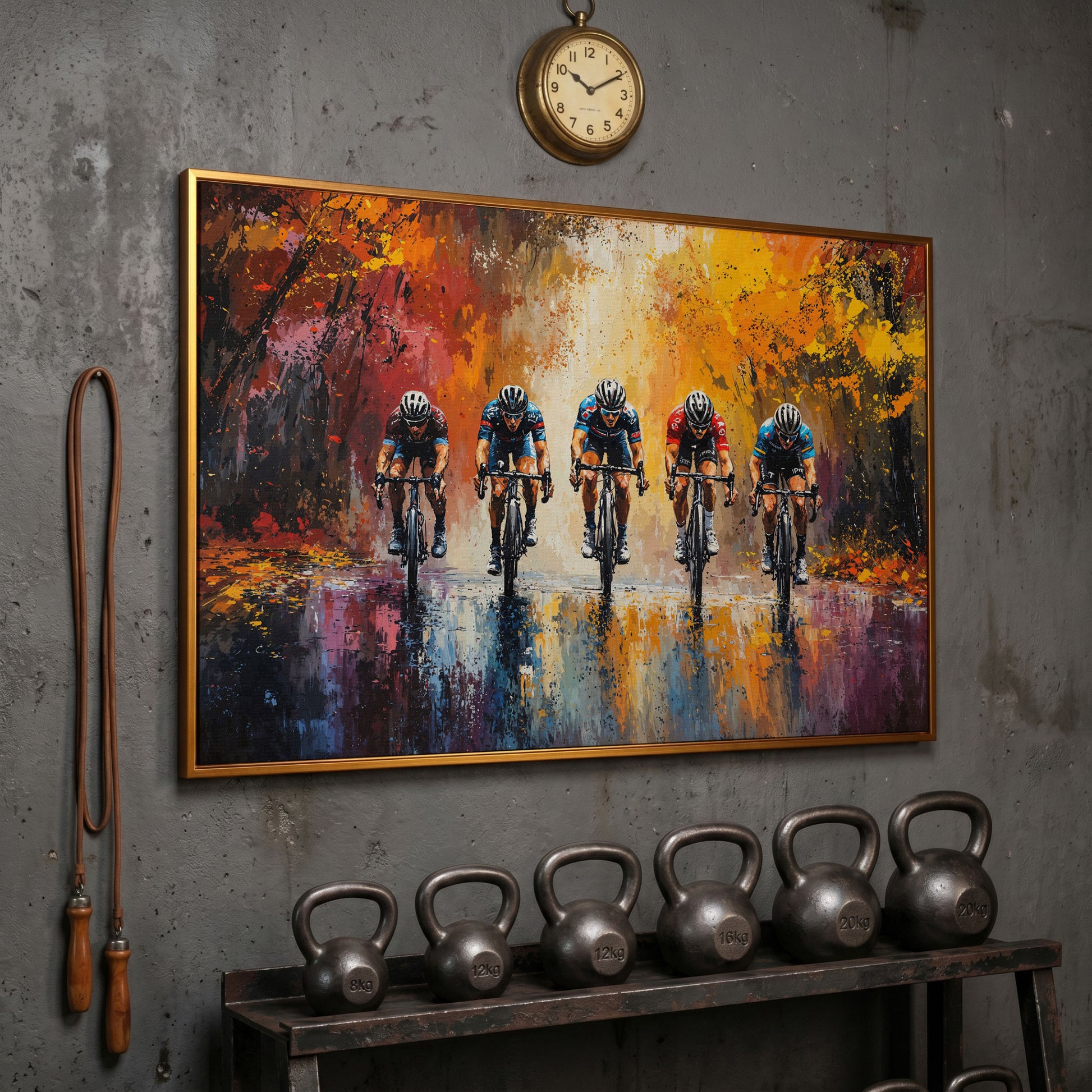 Colorful Cycling Race Canvas Print in antique gold floating frame