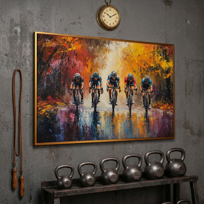 Colorful Cycling Race Canvas Print in antique gold floating frame